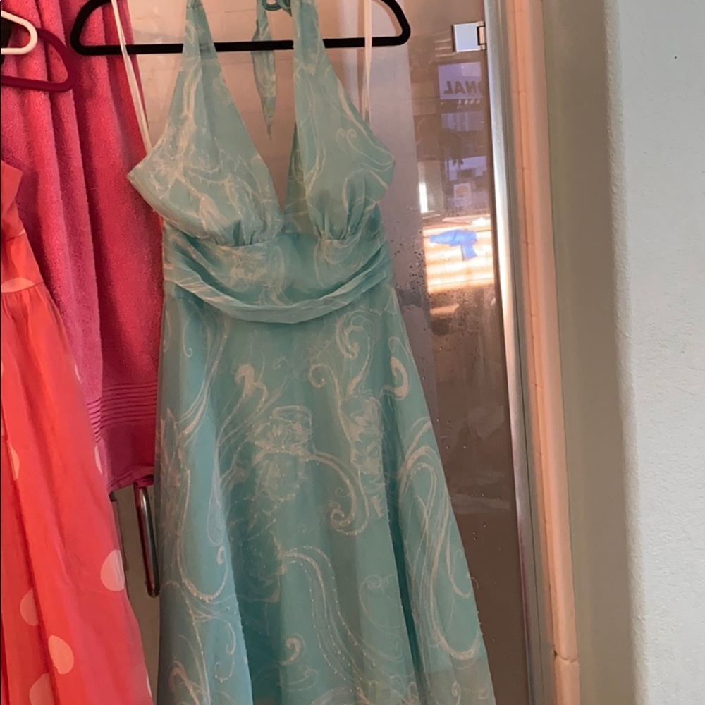 Beaded aqua blue halter dress size 10 and rose colored polkadot halter dress